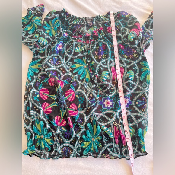 Nicole Miller Black Boho Floral Peasant Blouse Multi-Colour Sz M Renaissance Y2K - Picture 10 of 15